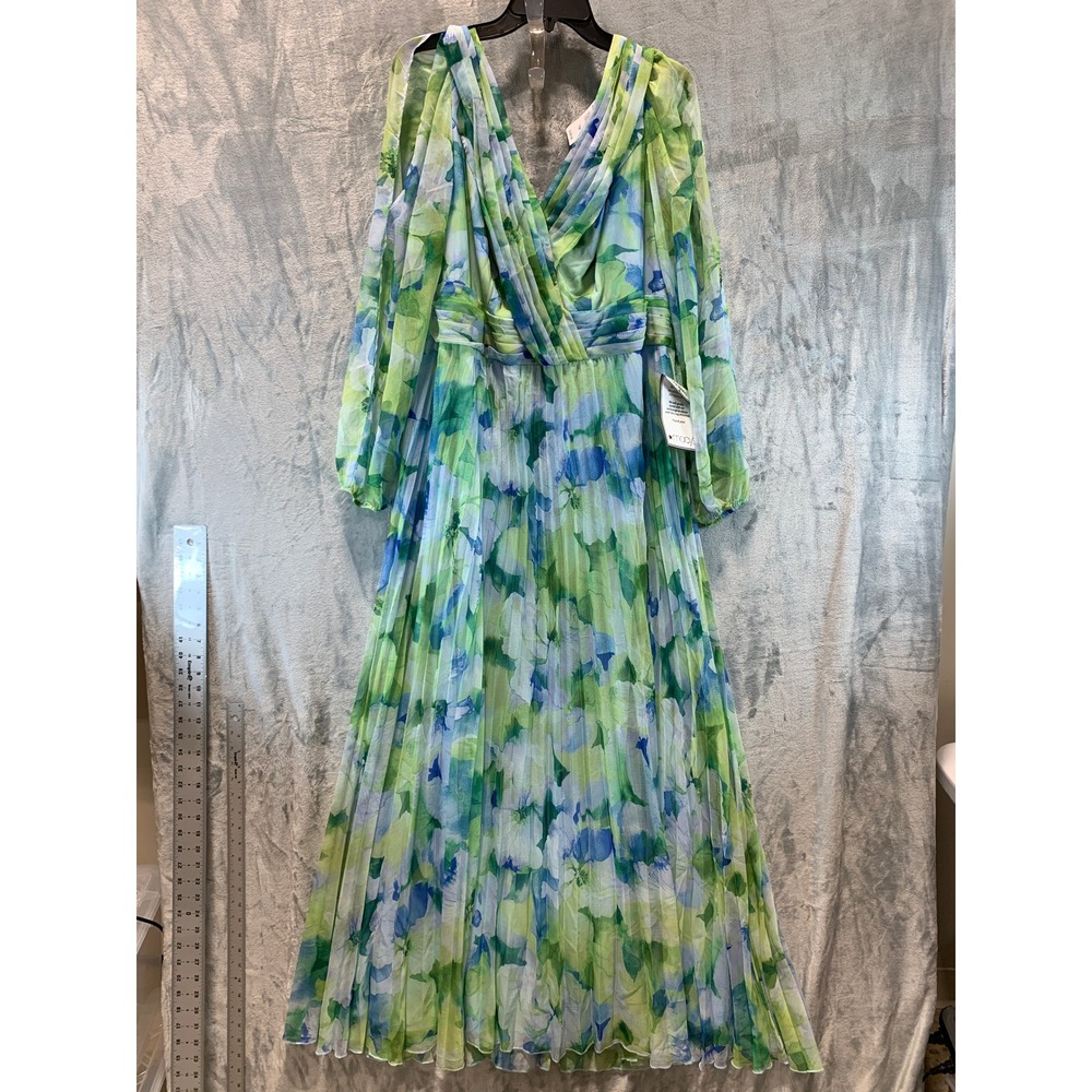 Betsy & Adam Blue Green Floral Pleated Maxi Gown Dress 16W A26905W NEW